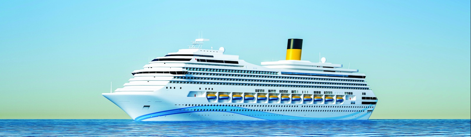 Cruise ship on the ocean with bright sun in background